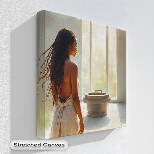 Visual rhythm flows through the 'Morning Ritual' canvas print, where light, shadow, and the woman's flowing form create a high quality canvas prints symphony.