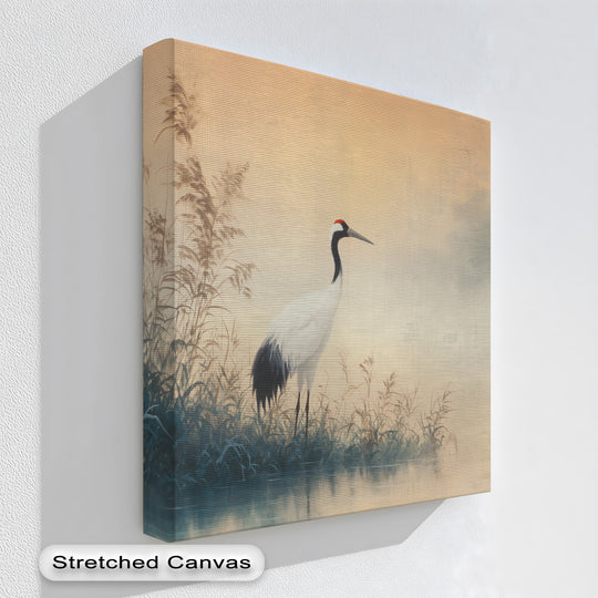 Stretched canvas pictures reveal a finely textured finish showcasing an elegant red crown crane, offering a minimalist nature bird art print.