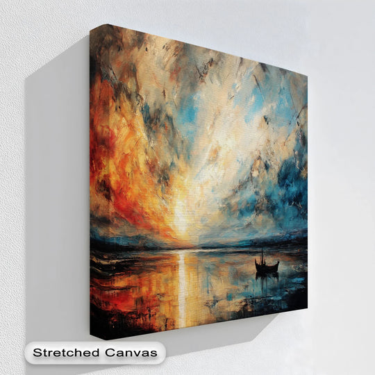 Clouds surge with energy in this dramatic sunset boat canvas artwork, reflected in the water below to create a dynamic seascape canvas print.