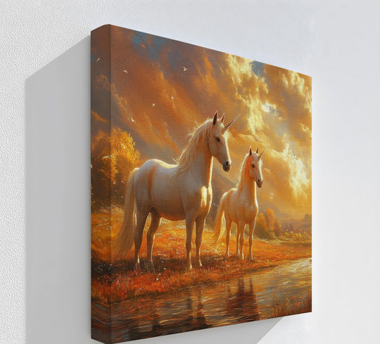 The intense color saturation creates a warm glow on this fantasy canvas painting depicting two unicorns in a golden hour landscape, beautifully printed on canvas.
