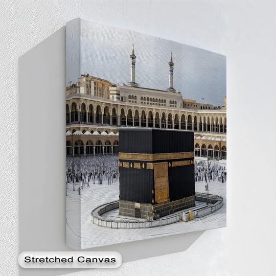 Finished with a tangible texture, this premium canvas decor showcases the Holy Kaaba wall art with its rich black and gold tones, creating a majestic Islamic piece.