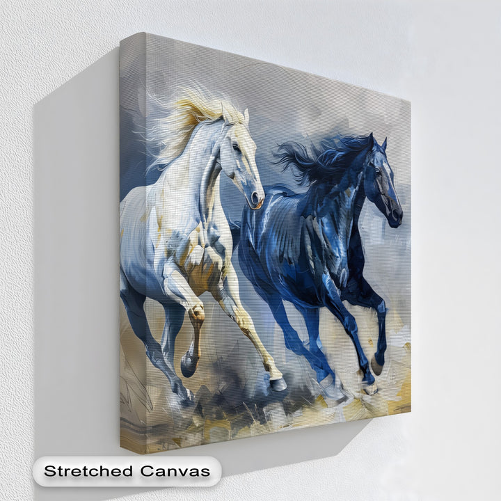 Celestial Gallop – Blue and White Abstract Horse Canvas Print