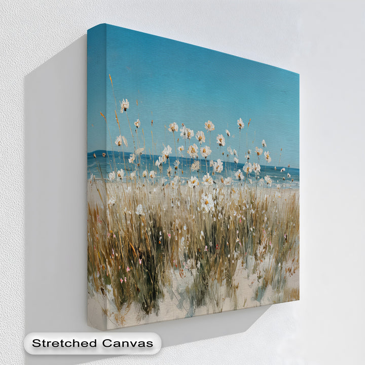 Seaside Serenity – White Wildflowers by the Shore Canvas Print