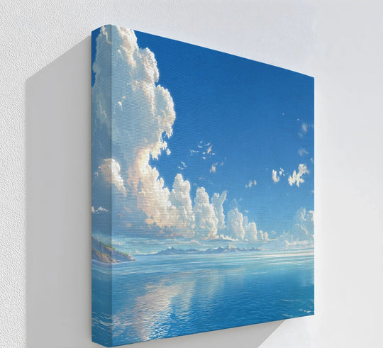 Azure skies create a beautiful background for the celestial cranes and golden clouds showcased in this captivating flying birds canvas wall decor print.