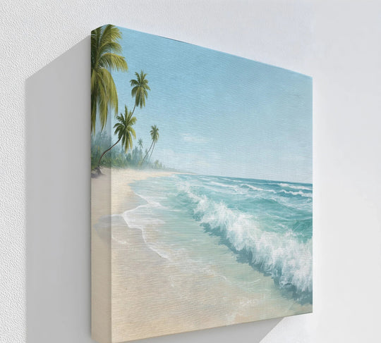 Shadowed areas define the palm trees on the beach within this tropical calm canvas print, a stunning piece of canvas wall art depicting a tranquil ocean horizon.
