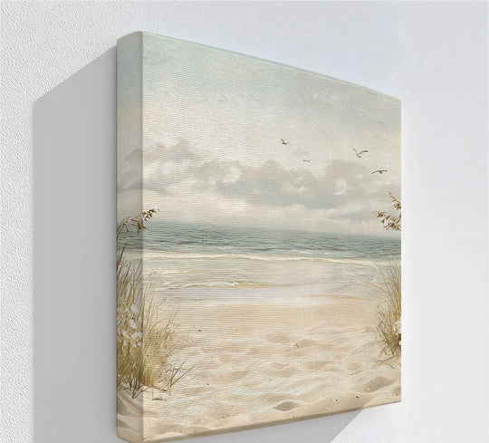 Stillness captures a seaside beach path in canvas art, offering a serene scene of tranquil sands meeting the calm ocean horizon.