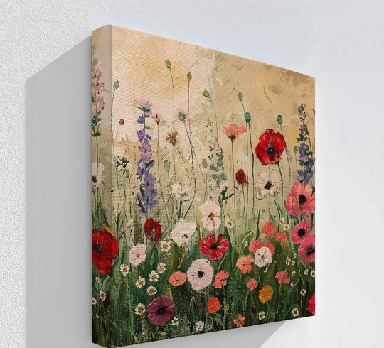 Swaying gently, the 'Wildflower Symphony' canvas print evokes a feeling of breezy motion through its colorful floral details, offering vibrant, dynamic canvas wall art.