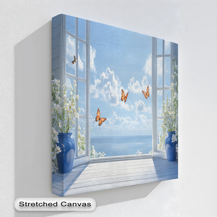 Ocean Breeze Serenity – Blue Vase Flowers and Butterflies Canvas Print