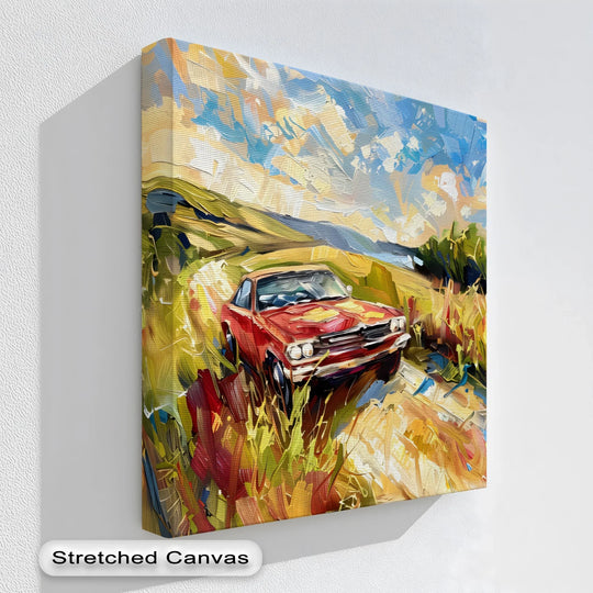 Color contrasts beautifully in this car canvas print of a red muscle car, with bold strokes highlighting the framed canvas against a vibrant landscape.