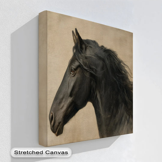 Majestic black horse portrait canvas print with beige background

