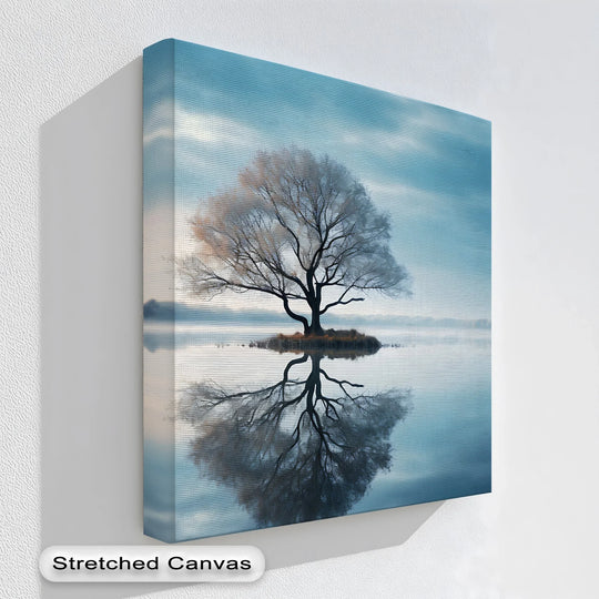 Layers of subtle color enhance the depth in this unique canvas print depicting a minimalist tree reflected in calm water.