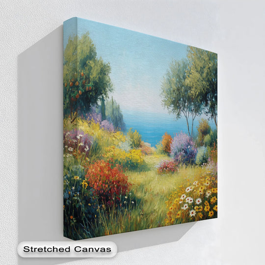 Captured at the focal point, this Mediterranean Bloom presents a vibrant floral seascape as high quality canvas prints, showcasing a colorful coastal landscape.