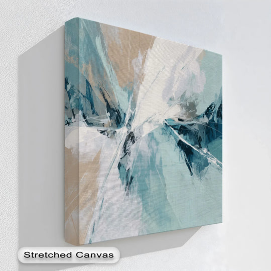 Negative space highlights the burst of cool tones in this dynamic abstract framed canvas art print.