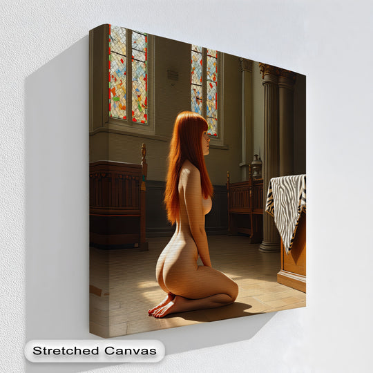 Gallery-worthy finish enhances the mood of this 'Silent Offering' erotic canvas wall art, creating a striking big canvas prints piece with a captivating stained-glass glow.