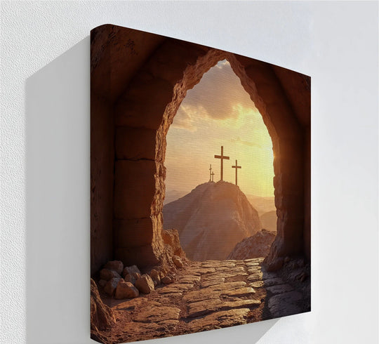 The matte finish on this framed canvas print enhances the scene of three crosses at sunrise, giving the resurrection light artwork a soft, gallery-worthy aesthetic.