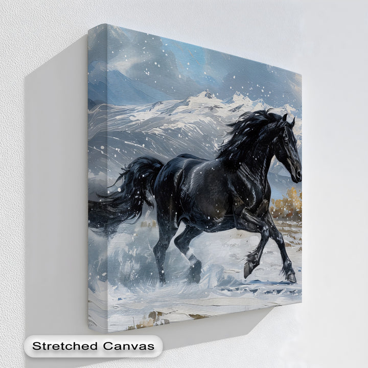 Galloping Black Stallion in Snowy Mountains - Horse Canvas Print