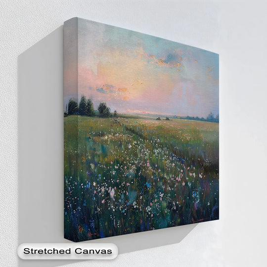 Foreground blooms and background trees add depth and layers to this meadow scene on a best canvas prints landscape, rendered with a soft twilight effect.