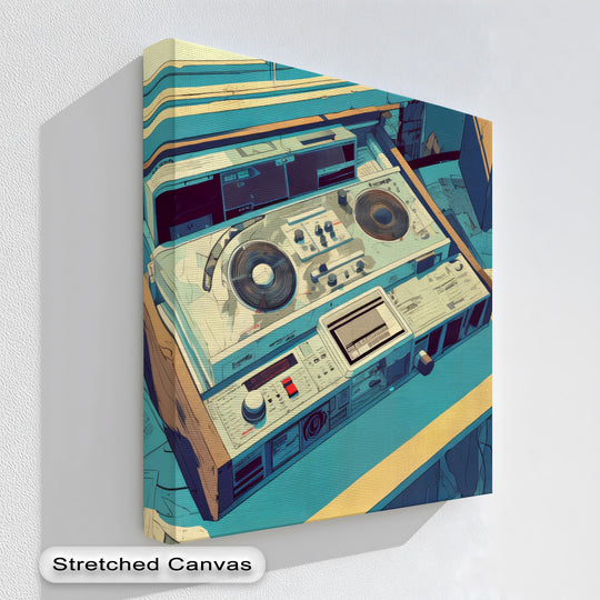Cool color temperature highlights the cyan and beige tones in this backspin station canvas painting featuring a vintage DJ console and retro tape deck.