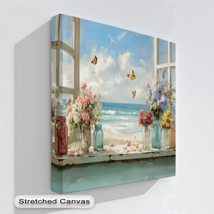 Butterflies by the Shore – Seaside Window Flowers Canvas Print
