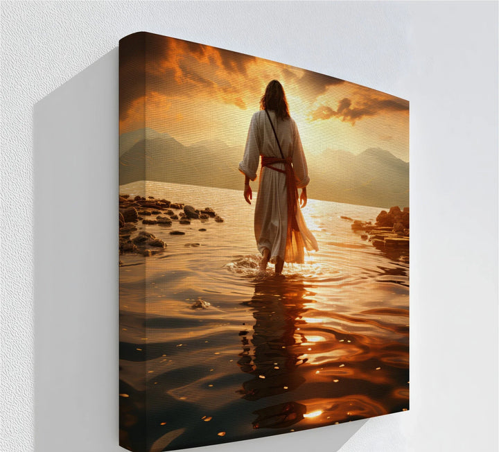 Jesus walking into sunset over water – spiritual Christian canvas print.

