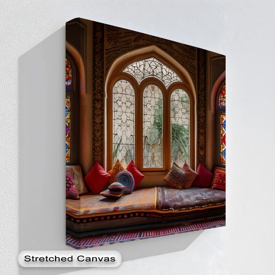Patterned cushions in vibrant reds, blues, and golds define the loudest element of this radiant Persian nook canvas art prints.