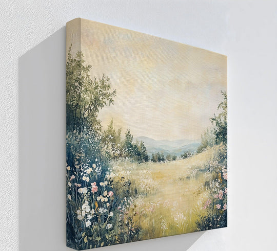 Color transition in this serene landscape canvas print showcases a soft blend where lush foreground flora meets the golden meadow horizon, a captivating piece of canvas art.