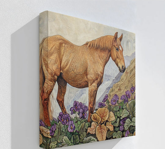 Golden serenity animal canvas painting shows a chestnut horse standing peacefully among violet blossoms against a serene mountain backdrop.