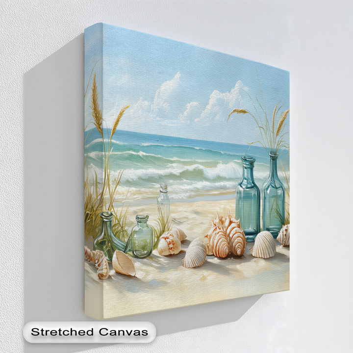 Whispers of the Shore – Seashells and Glass Bottles Coastal Canvas Print