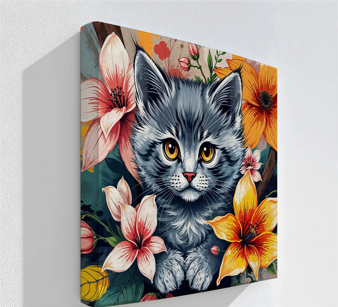 Bloom Burst – Gray Kitten with Vibrant Florals Cat Canvas Print - MyPhotoStation
