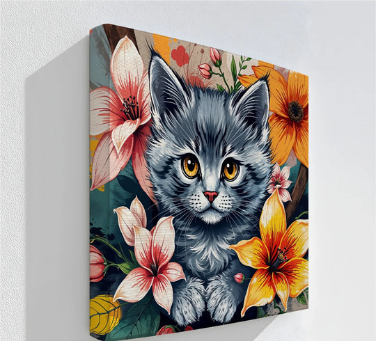 Radiant florals command attention in this big canvas prints display, showcasing a fluffy gray kitten framed by vivid blossoms in the Bloom Burst cat canvas print.