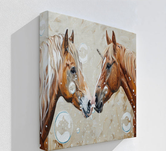 High color contrast distinguishes this unique canvas print, highlighting the playful unicorn love canvas print with bubble details.