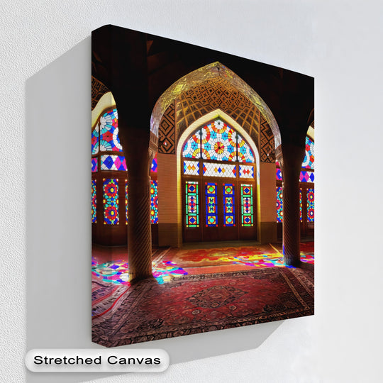 Softly illuminated, the vibrant hues cast onto the detailed red rug exemplify the artistry of this Persian Night Rider canvas artwork, a mesmerizing canvas artwork.