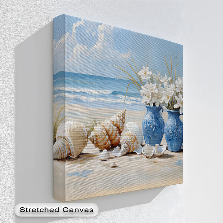 Coastal Serenity – Seashells and Blue Vases Canvas Print