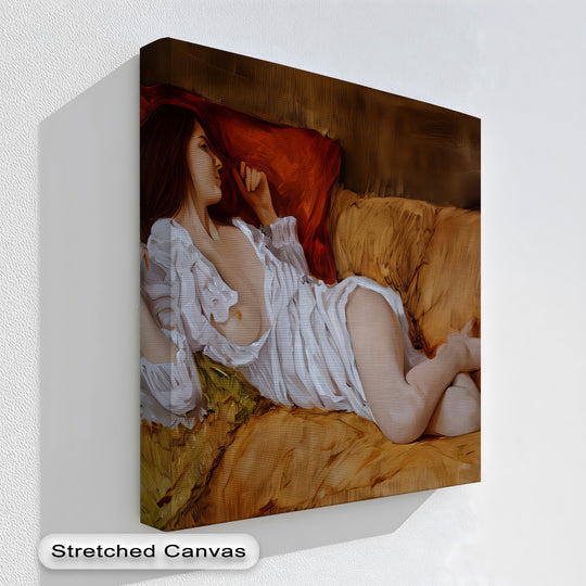 Painted in neutral brown tones, the background complements the Velvet Silence canvas wall art depicting a reclining nude.