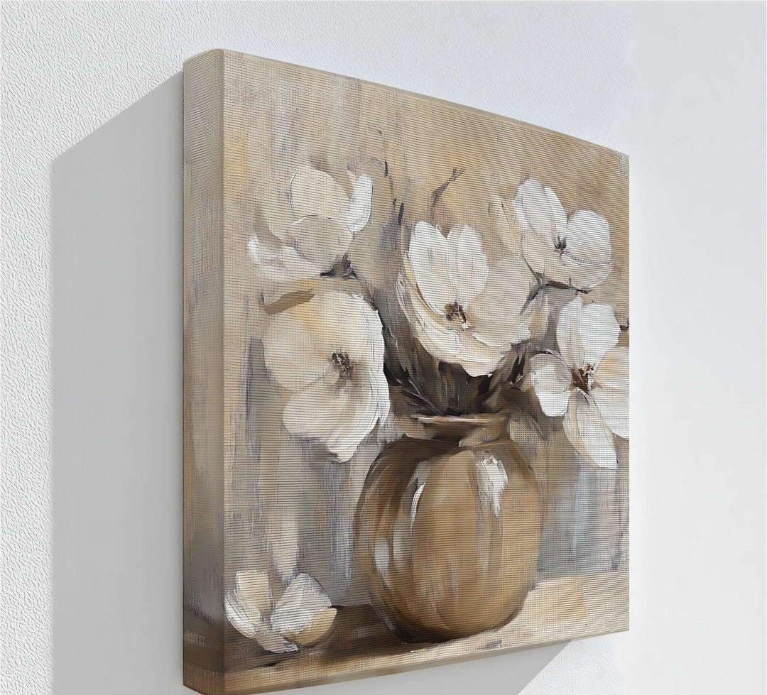 Earthy Elegance – neutral floral canvas print with vase.

