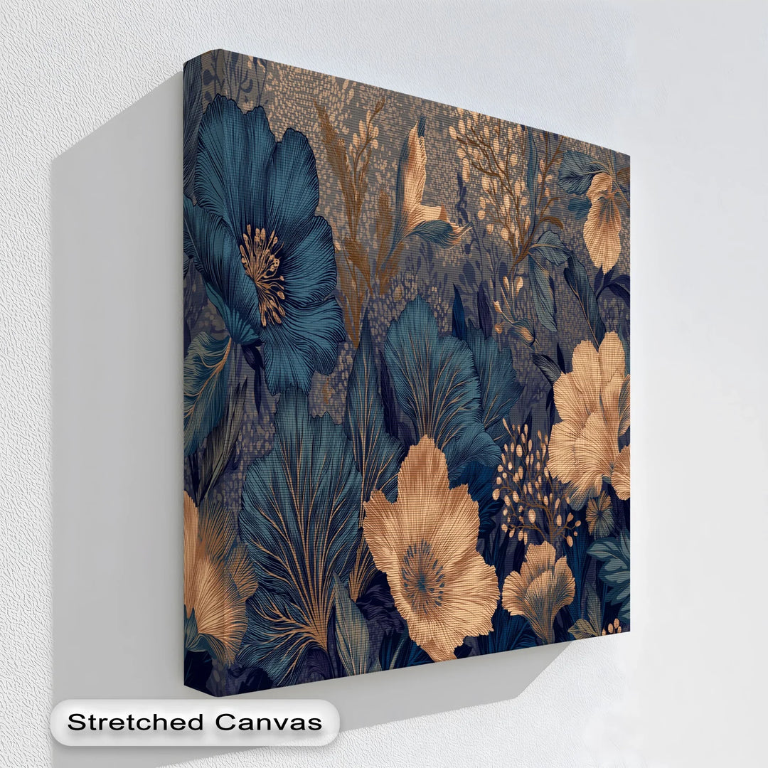 Midnight floral canvas print with navy and gold botanical design

