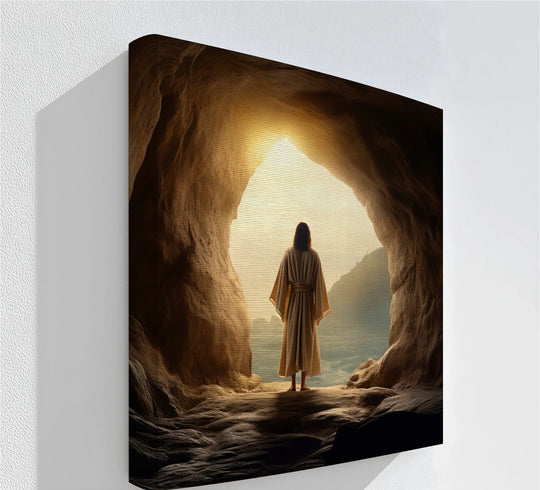 Warm color temperature radiates from the opening of the tomb, highlighting the figure in this premium canvas decor print of Jesus' resurrection.