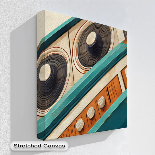The focal point of this tilted frequency abstract retro stereo close-up canvas print highlights the bold teal and orange details making it a stunning option for big canvas prints.