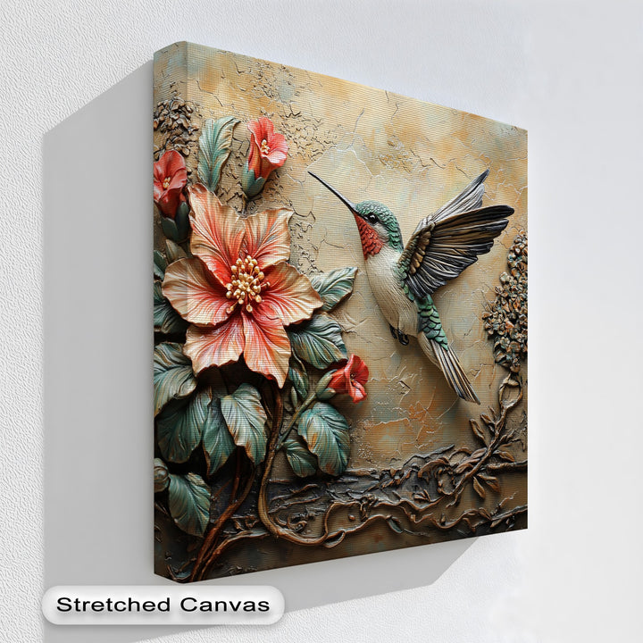 Visual rhythm flows through the textured 3D-style hummingbird and botanical canvas painting, with its coral blooms and teal leaves.