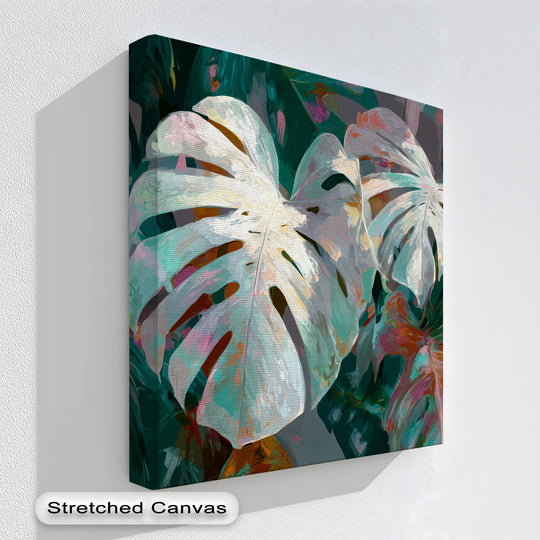 Foreground detail highlights the tropical monstera leaves in this modern botanical framed canvas print, showcasing its intricate design and vibrant colors.