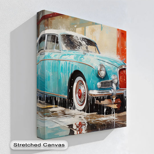 Glistening streams of soapy water soften the bold lines of the vintage aqua car in this vibrant canvas painting.