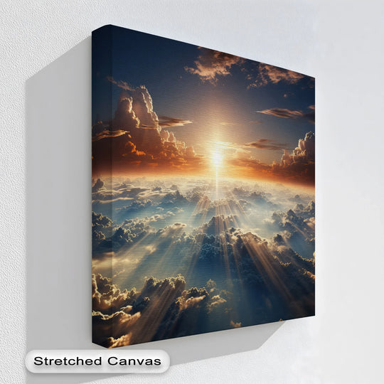 Showing the layering effect, this radiant sky landscape canvas print features heavenly dawn scenes with golden sunrays through clouds in brilliant canvas pictures.