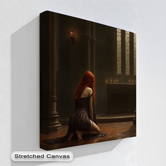The realistic detail shows a woman kneeling before an altar in this 'Whispers Before the Altar' gothic erotic hanging canvas art print.