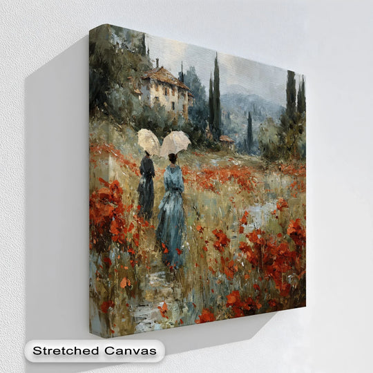 Defined by its crisp edge, this premium canvas decor showcases a stretched 'Ladies with Umbrellas' print, highlighting the canvas borders' texture.
