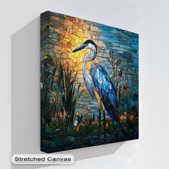 The central subject is a vibrant stained glass heron, blue-feathered, poised against a warm sunset, featured on canvas art prints.