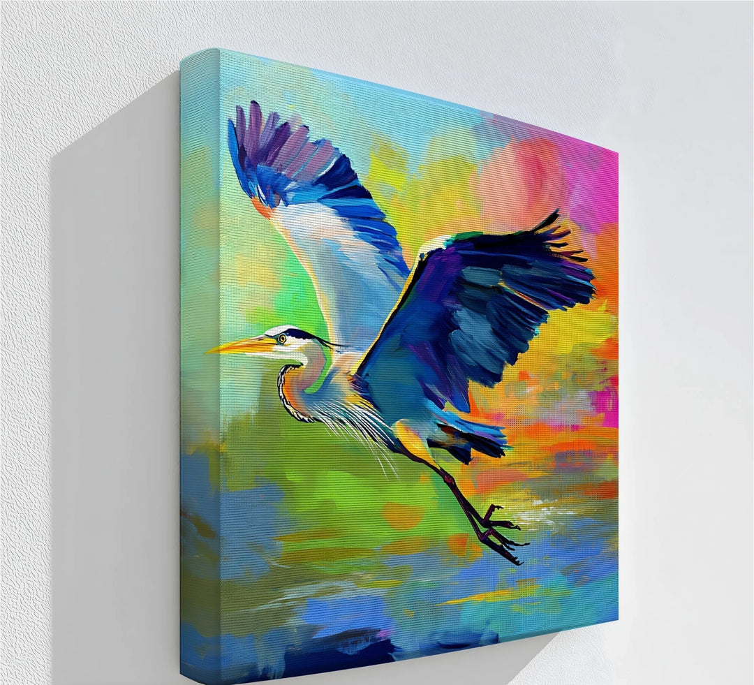 Vibrant Flight – colorful heron canvas print for modern interiors.

