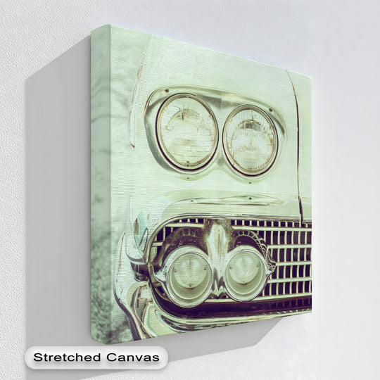 Negative space highlights the vintage car headlight close-up design, enhancing the impact of these canvas pictures with a chrome stare print.