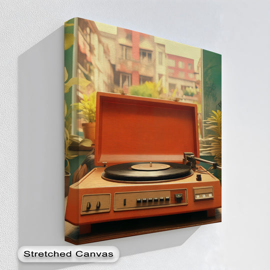 Stretched finish of this groove in bloom retro record player unique canvas print showcases a vivid, nostalgic scene.