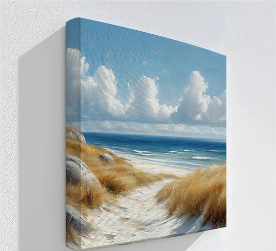 Detailed close-up shows the finish of Golden Dunes Pathway canvas artwork, highlighting the texture and high-quality printing of this coastal horizon canvas print.