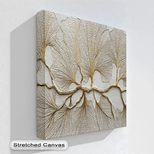 The focal point highlights the intricate detail of golden ginkgo fan leaves in this beautiful canvas art print, creating an eye-catching piece of canvas art.